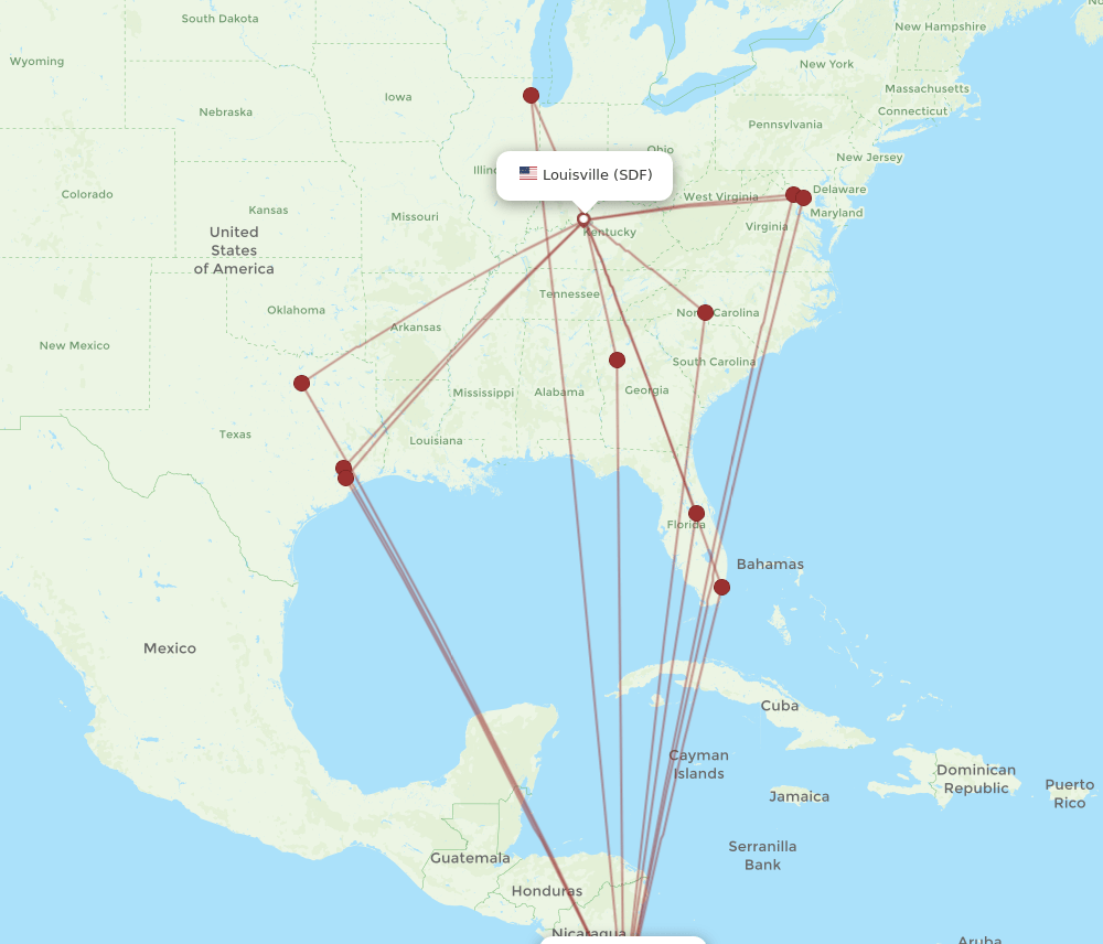 SDF to SJO flights and routes map