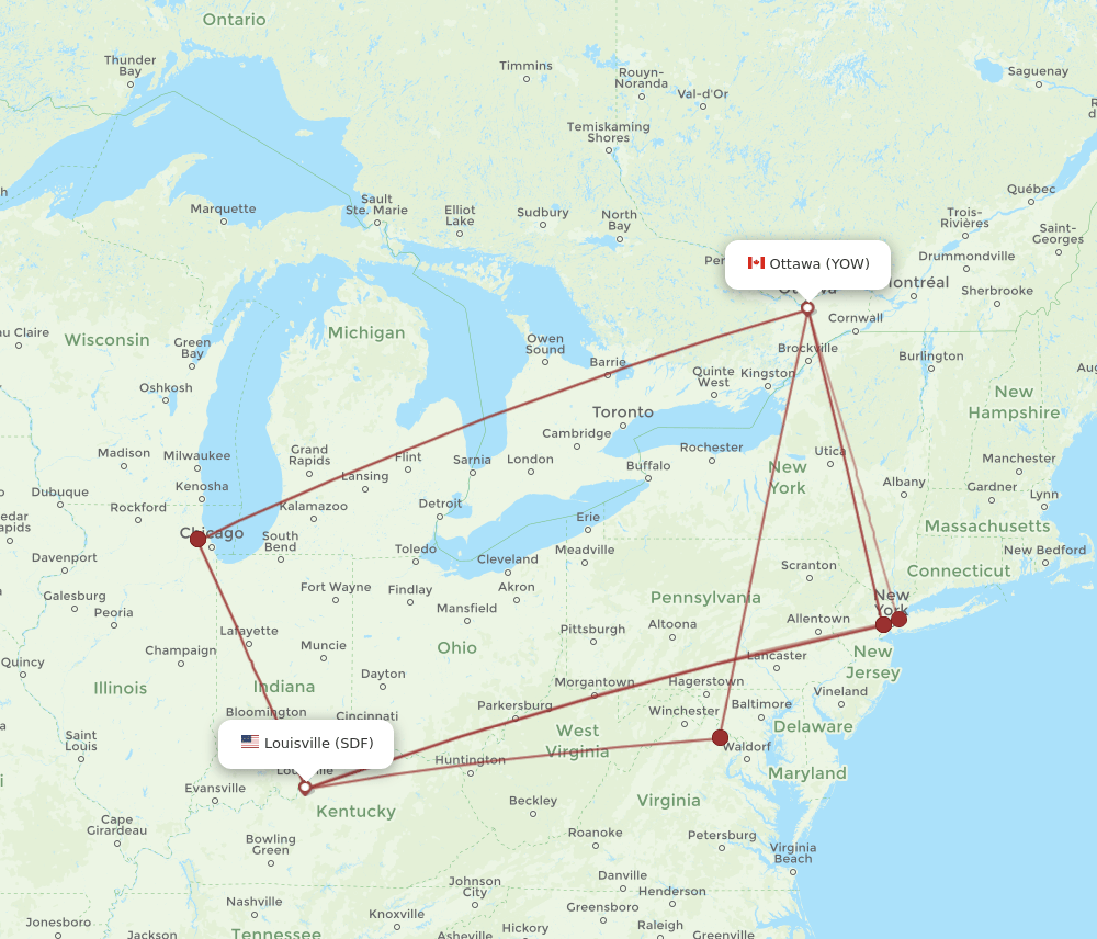 SDF to YOW flights and routes map