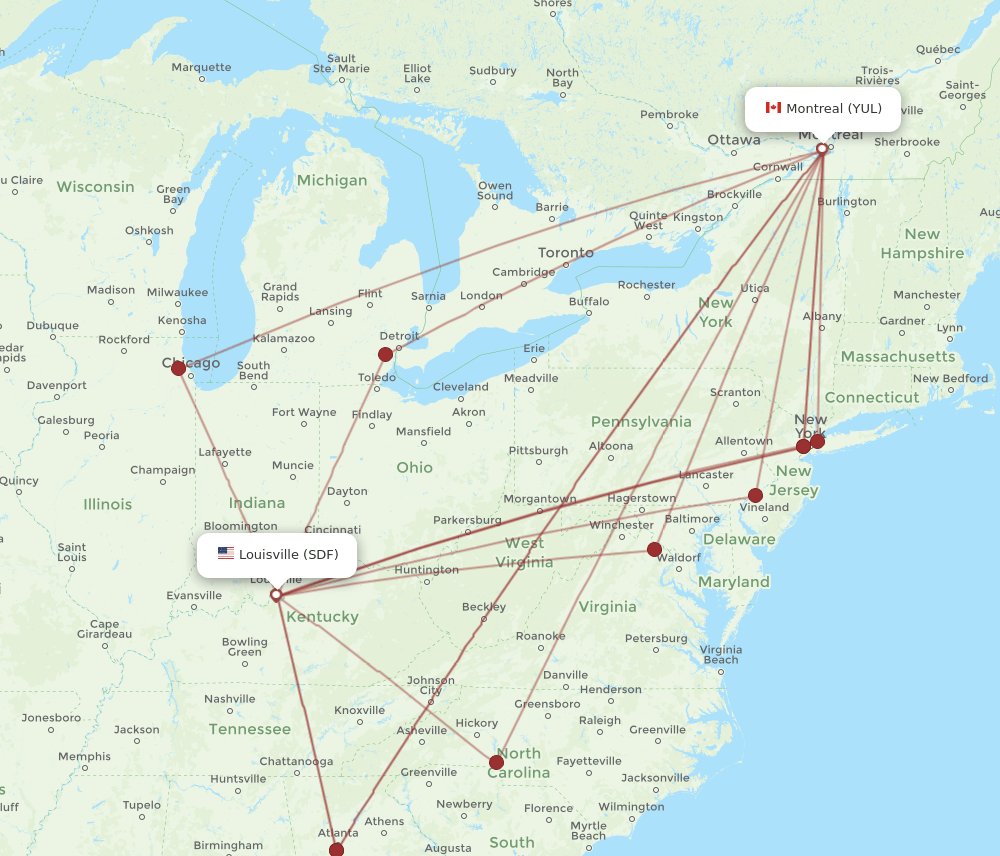 Montreal - Louisville route map and flight paths