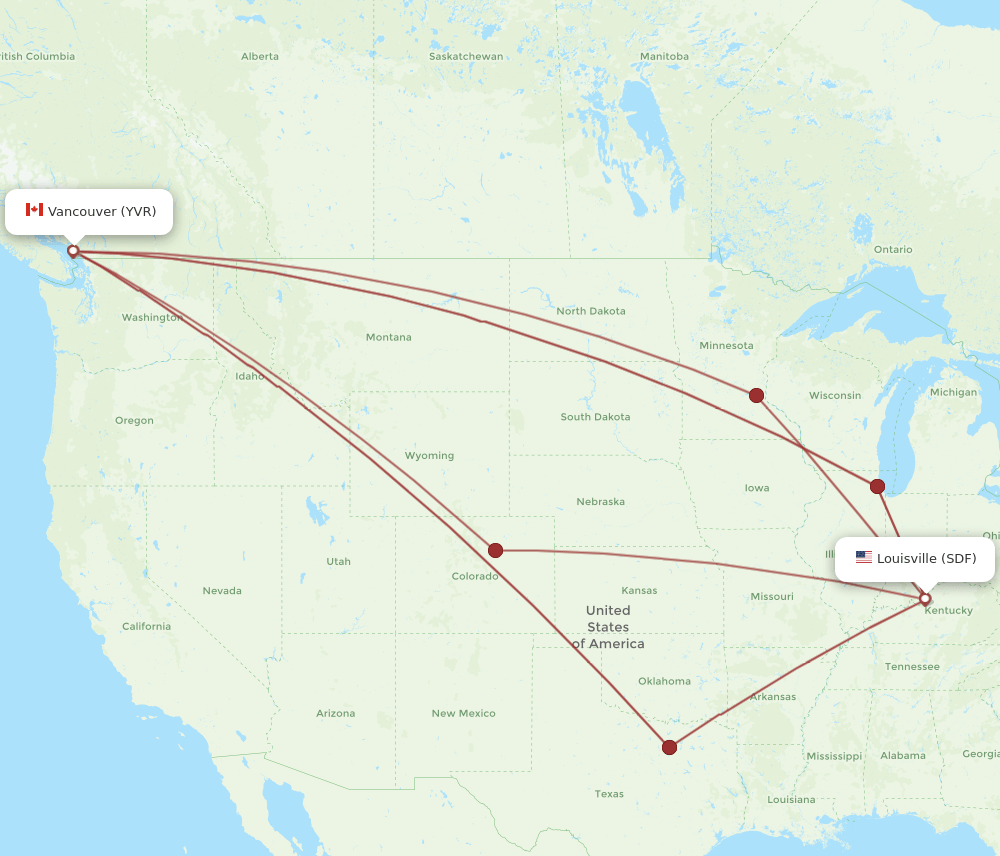 Vancouver - Louisville route map and flight paths