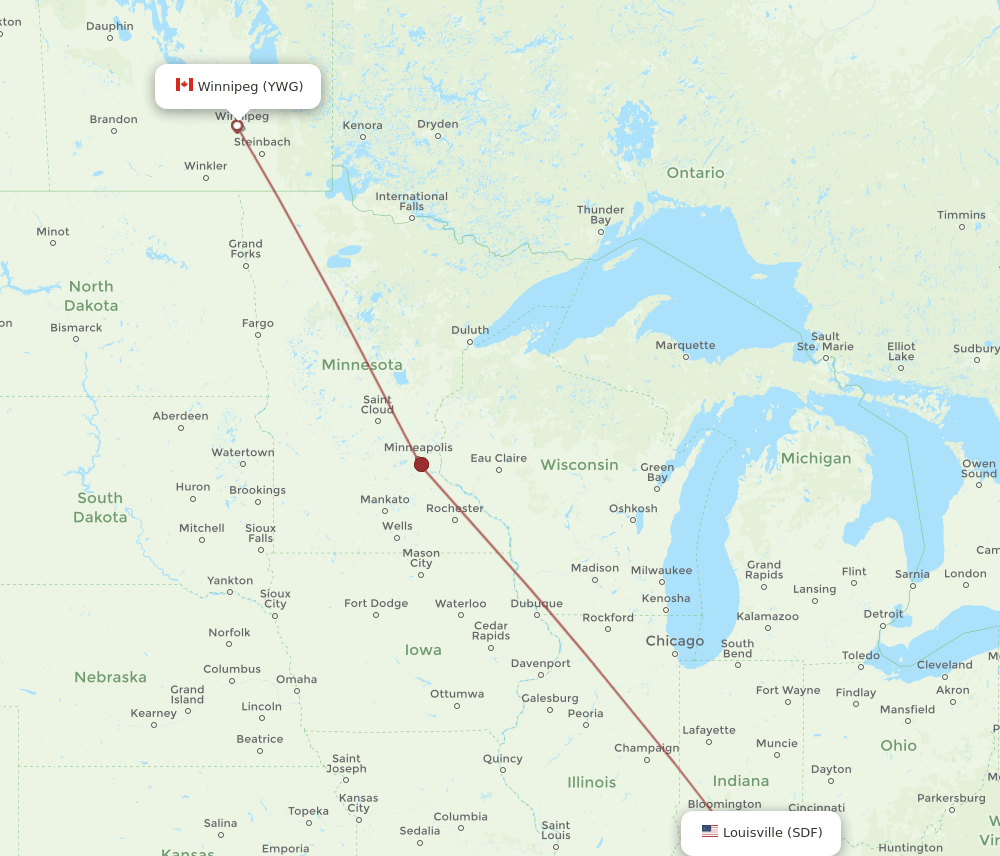 Winnipeg - Louisville route map and flight paths