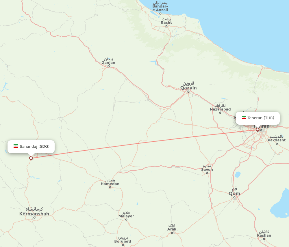 Sanandaj - Tehran route map and flight paths