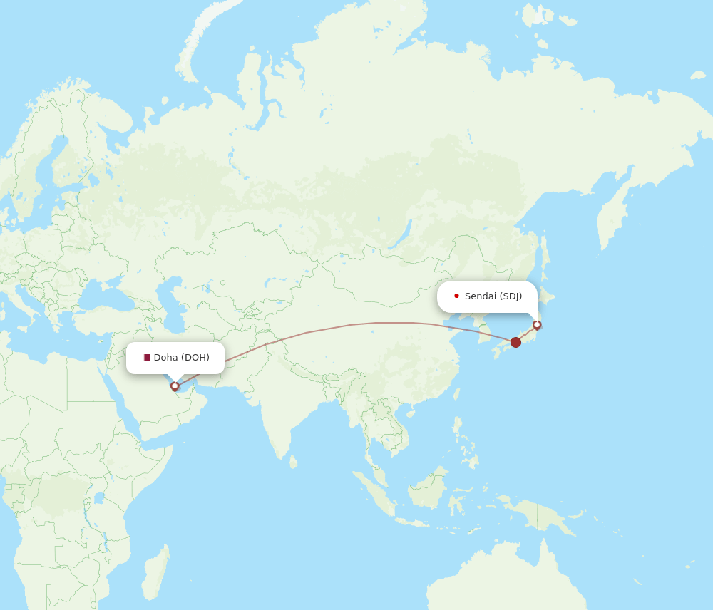 Doha - Sendai route map and flight paths