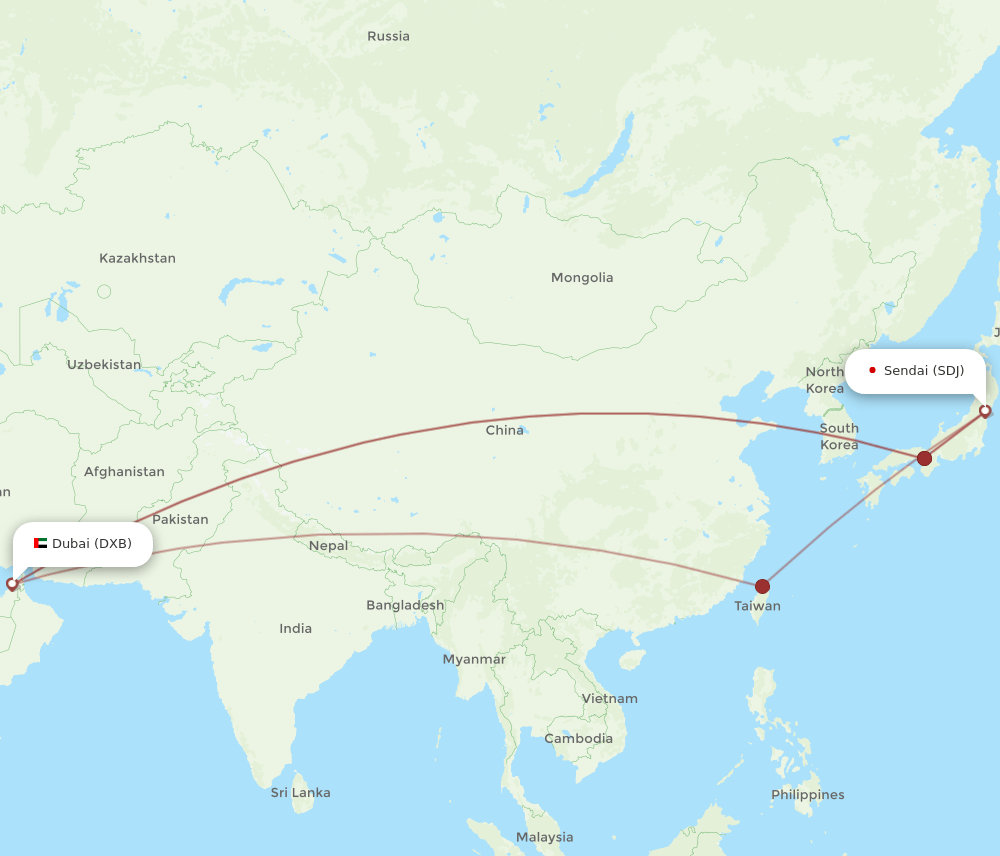 Dubai - Sendai route map and flight paths