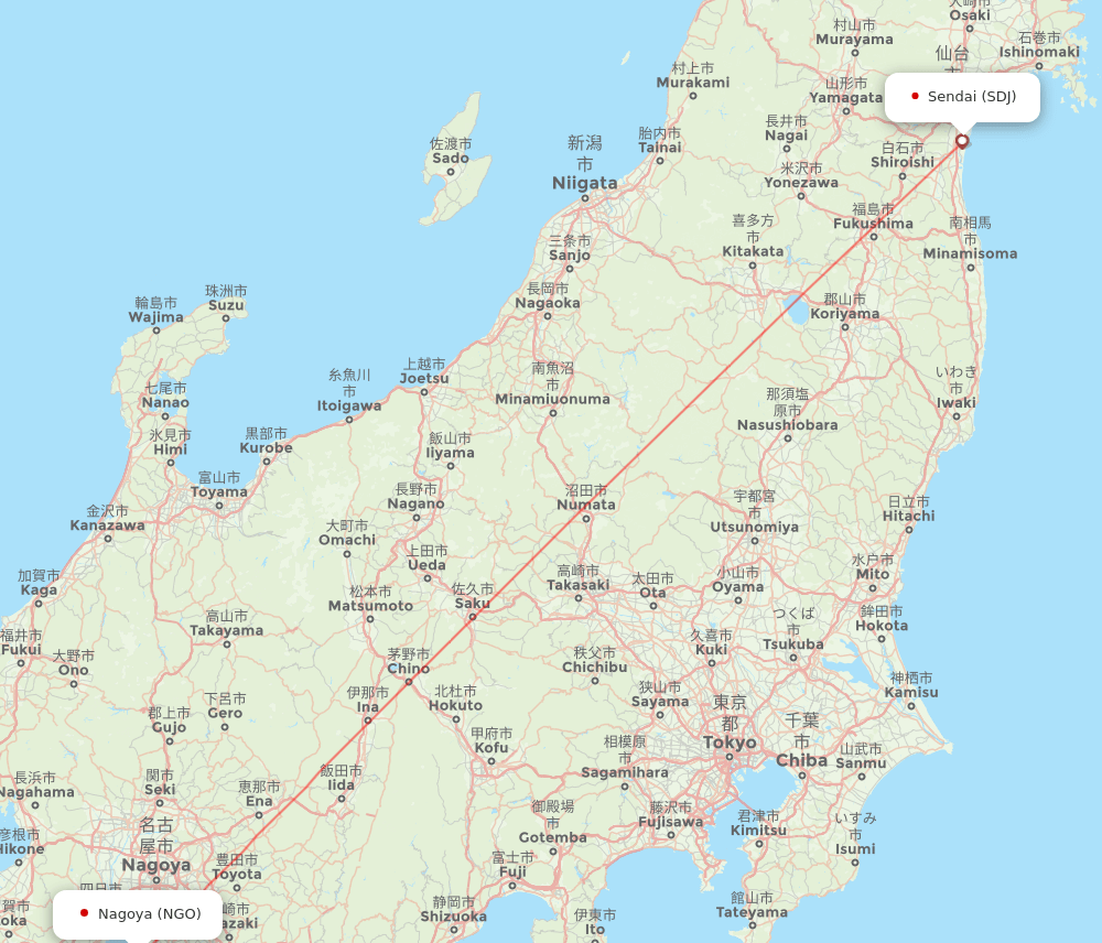 Sendai - Nagoya route map and flight paths