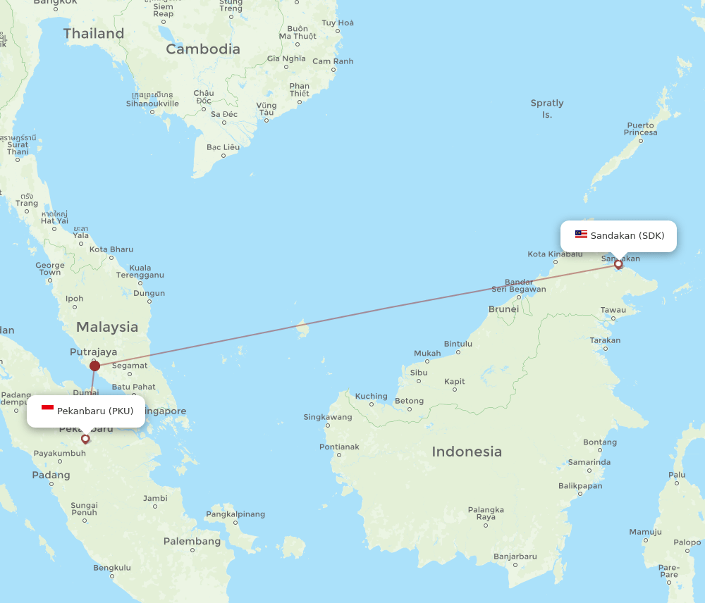 Pekanbaru - Sandakan route map and flight paths