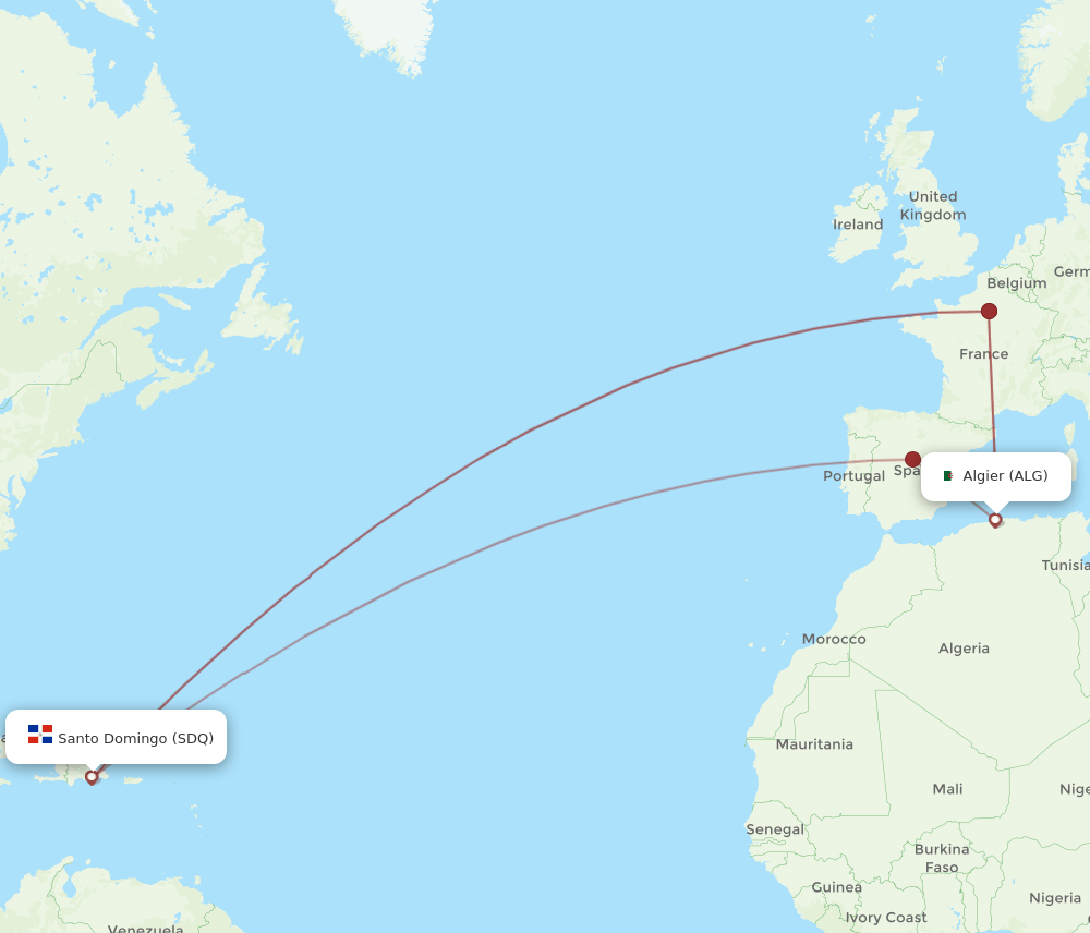Algiers - Santo Domingo route map and flight paths