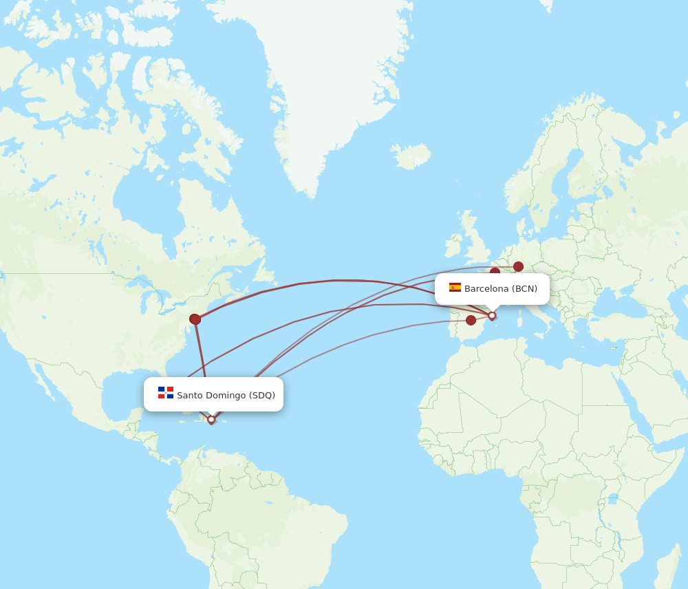 SDQ to BCN flights and routes map