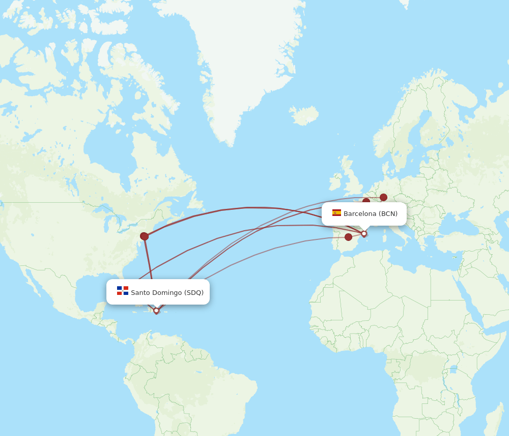 SDQ to BCN flights and routes map