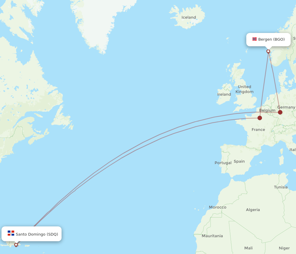 BGO to SDQ flights and routes map