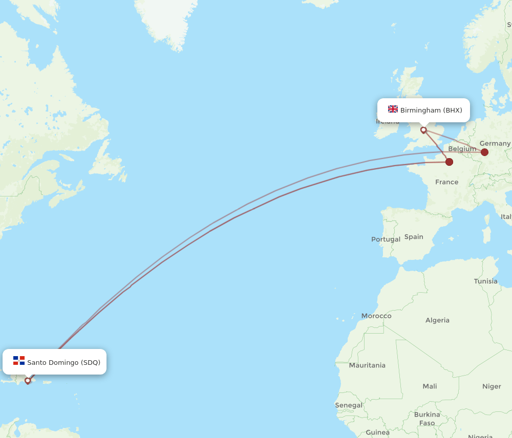 Birmingham - Santo Domingo route map and flight paths