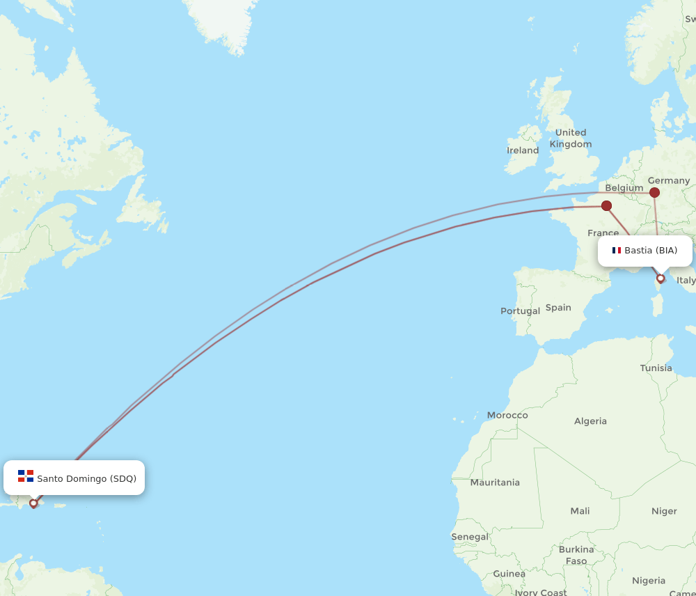 Bastia - Santo Domingo route map and flight paths