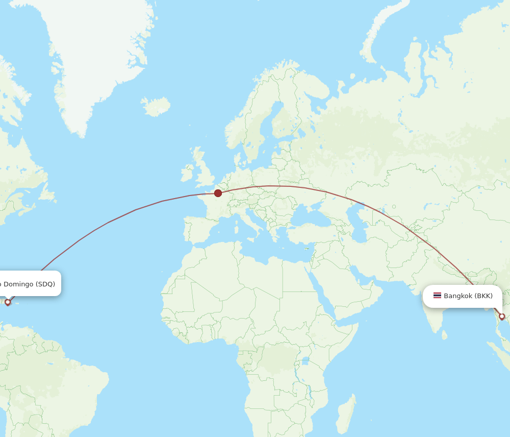 Bangkok - Santo Domingo route map and flight paths