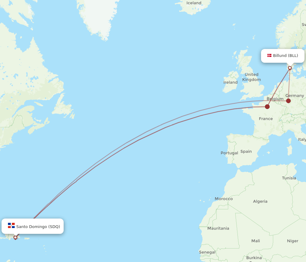 Billund - Santo Domingo route map and flight paths