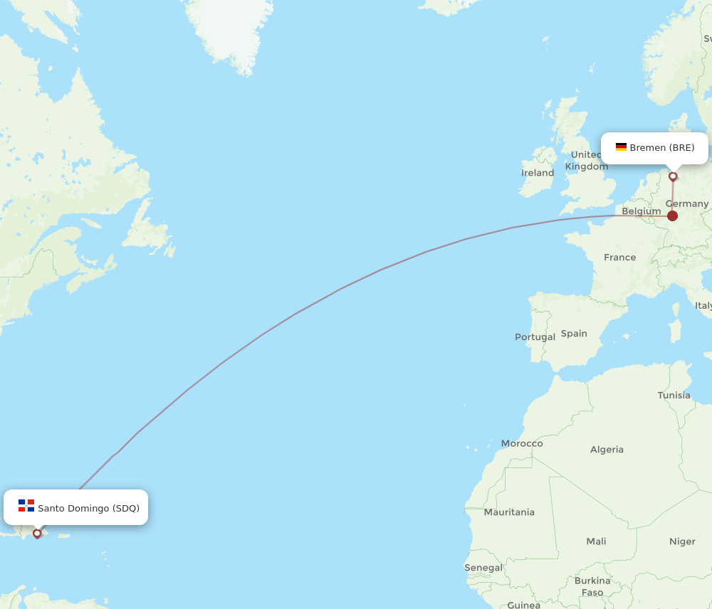 Bremen - Santo Domingo route map and flight paths