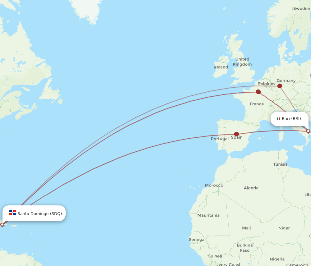 Santo Domingo - Bari route map and flight paths