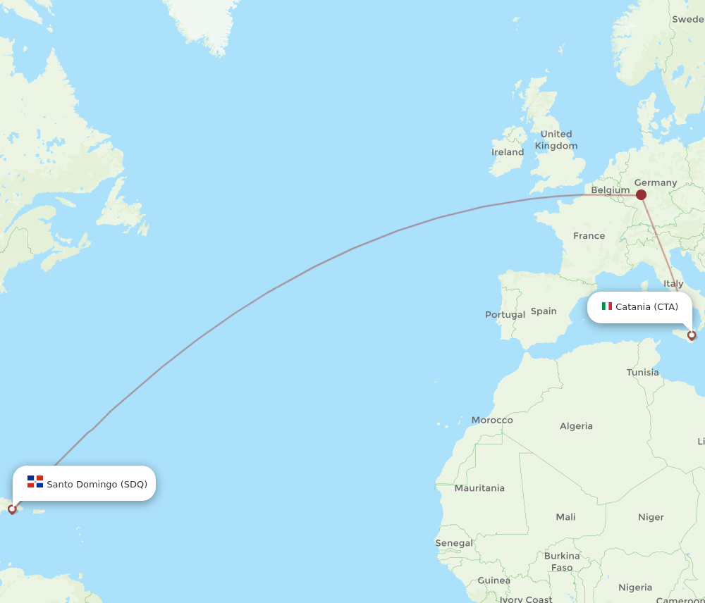 Catania - Santo Domingo route map and flight paths