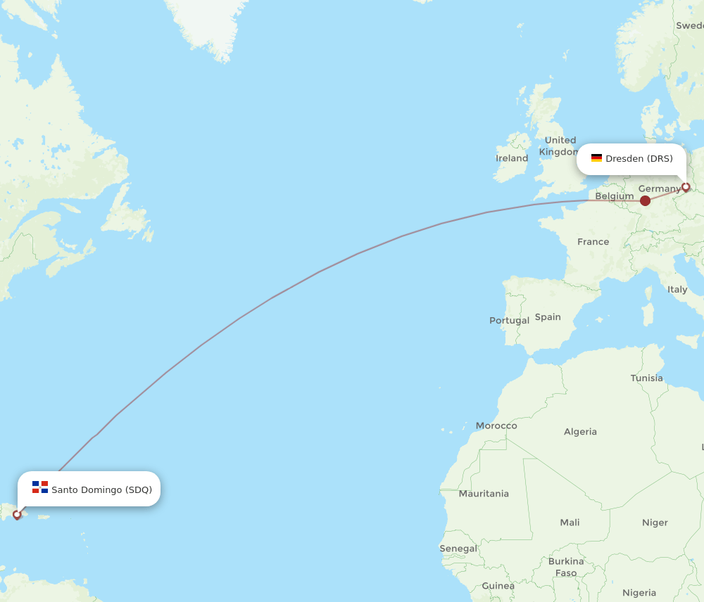 Dresden - Santo Domingo route map and flight paths