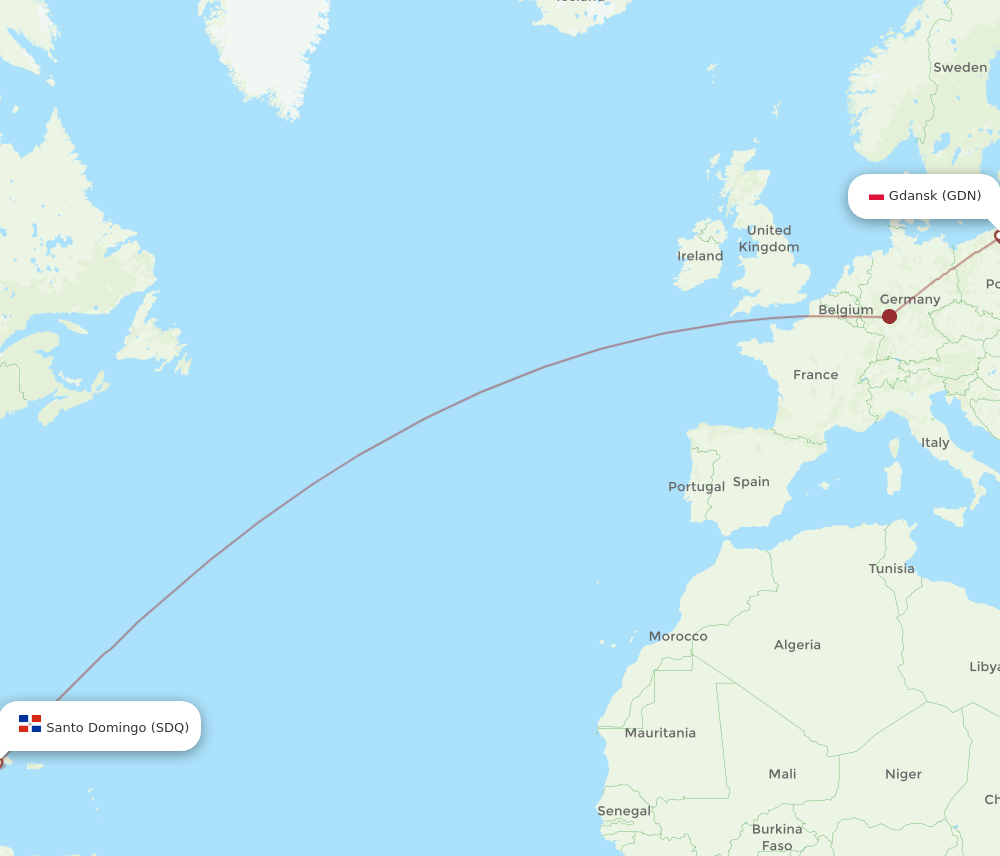 Gdansk - Santo Domingo route map and flight paths