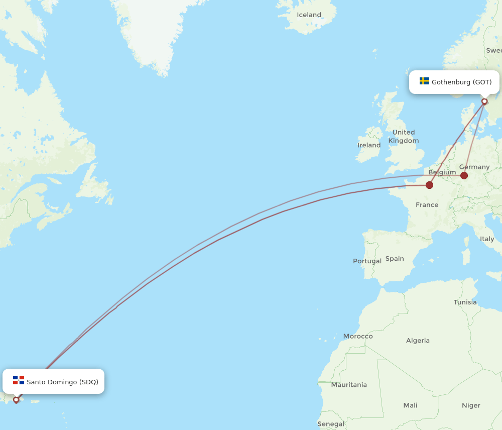 Gothenburg - Santo Domingo route map and flight paths