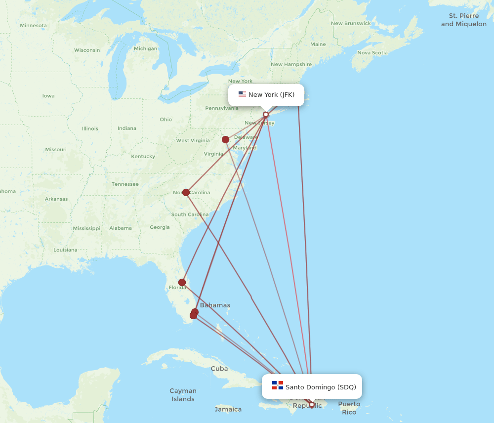 SDQ to JFK flights and routes map