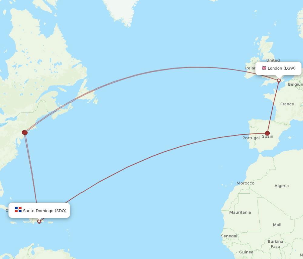 SDQ to LGW flights and routes map