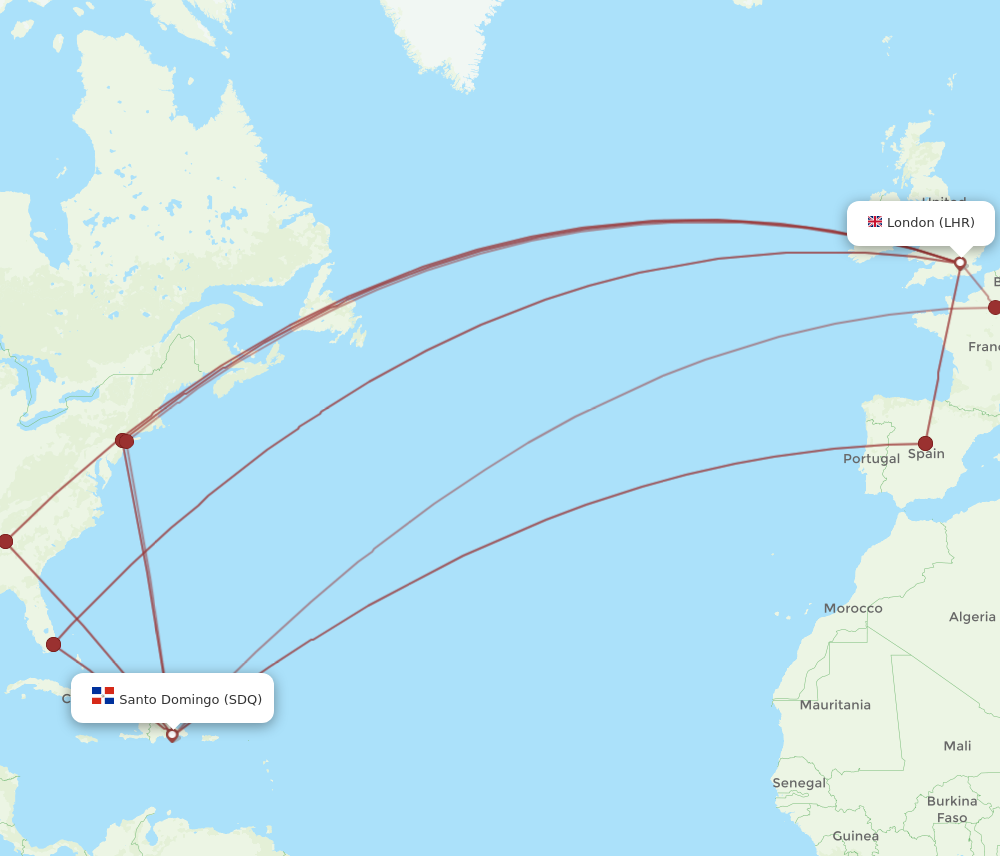 SDQ to LHR flights and routes map