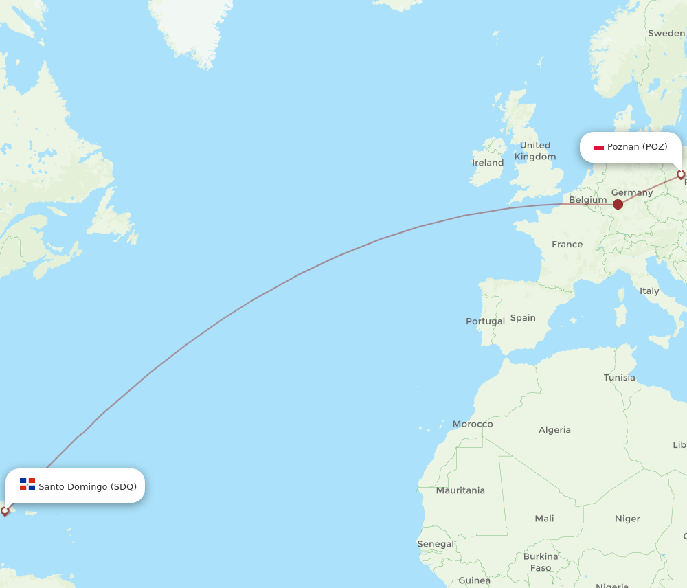Poznan - Santo Domingo route map and flight paths