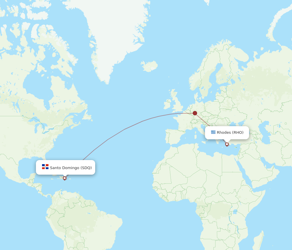 Rhodes - Santo Domingo route map and flight paths