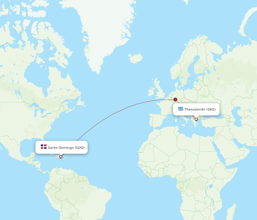 Thessaloniki - Santo Domingo route map and flight paths
