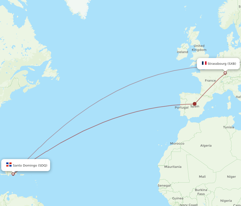 Strasbourg - Santo Domingo route map and flight paths