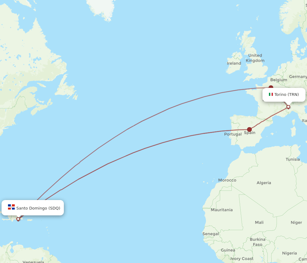 Turin - Santo Domingo route map and flight paths