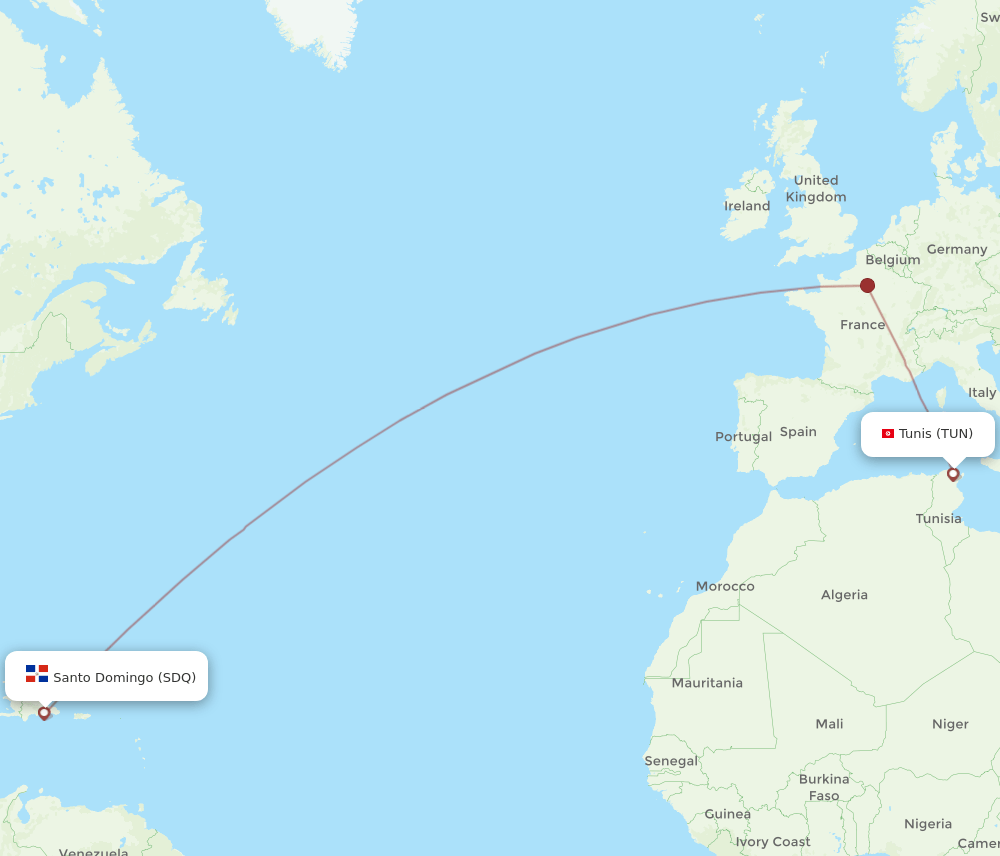 Tunis - Santo Domingo route map and flight paths
