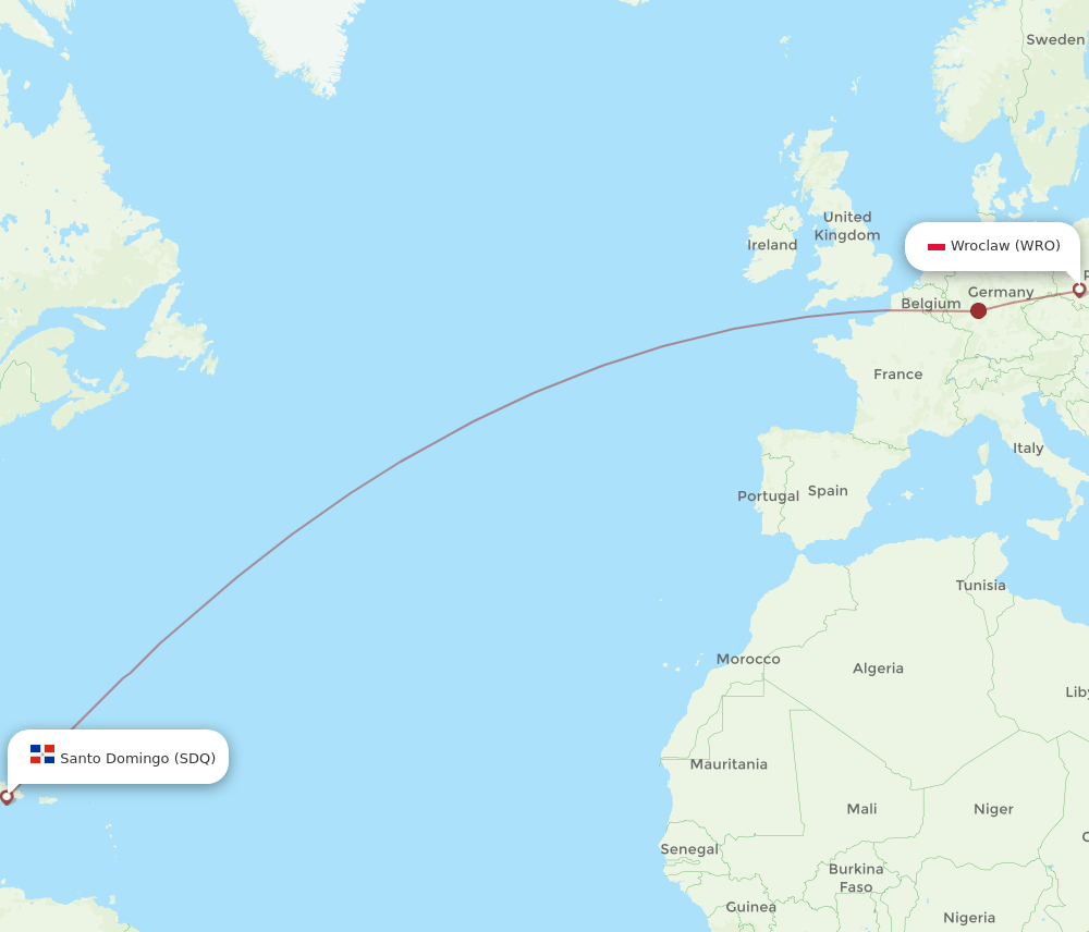 Wroclaw - Santo Domingo route map and flight paths