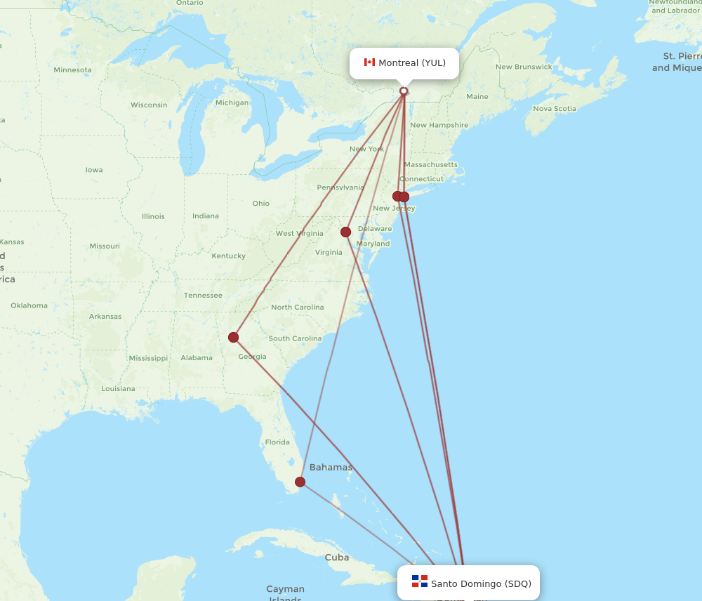 SDQ to YUL flights and routes map