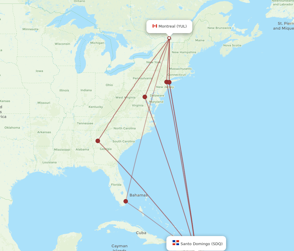 Montreal - Santo Domingo route map and flight paths