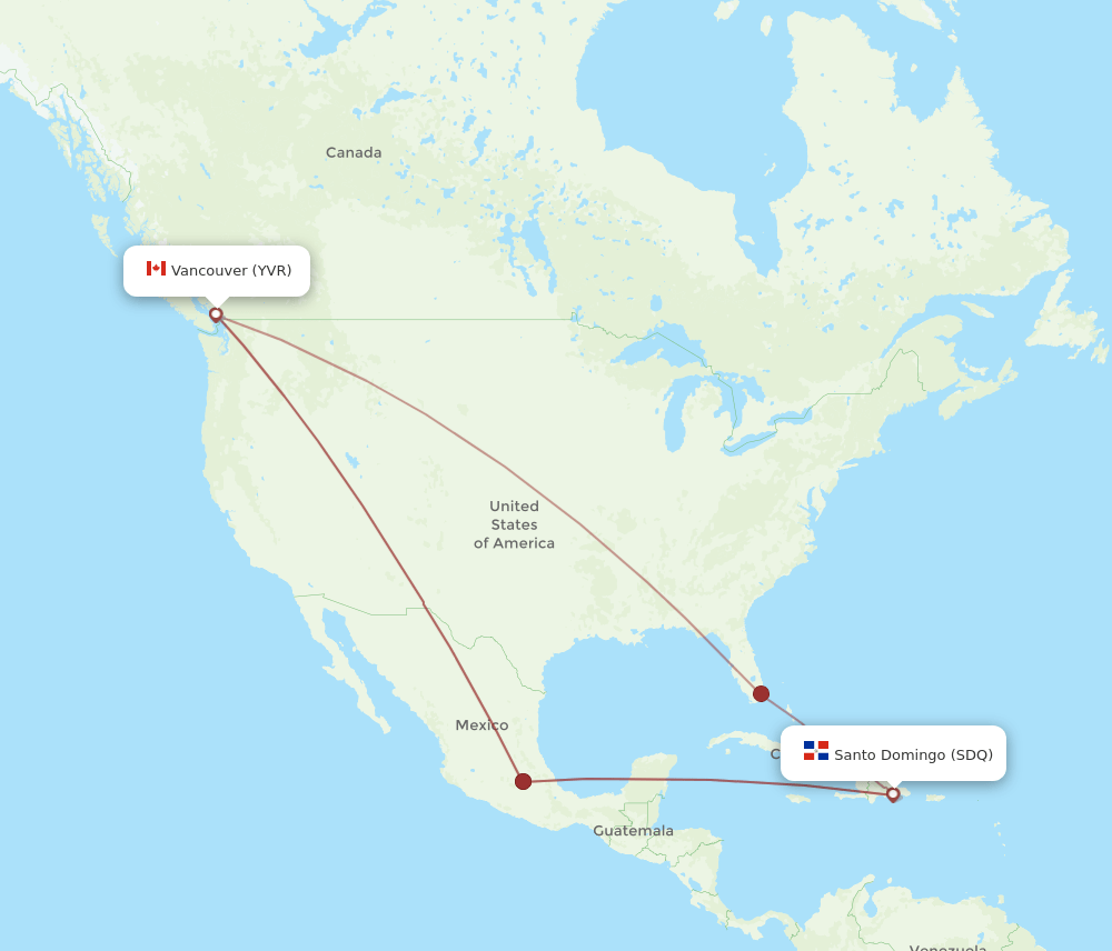 Vancouver - Santo Domingo route map and flight paths