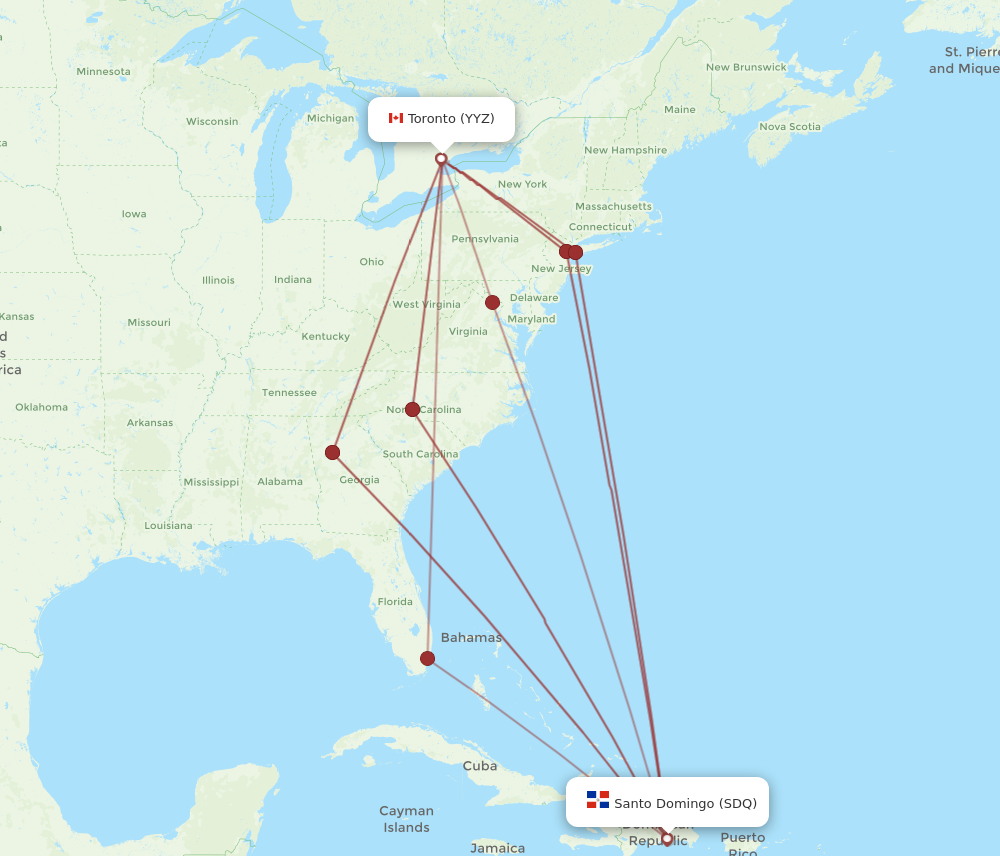 YYZ to SDQ flights and routes map
