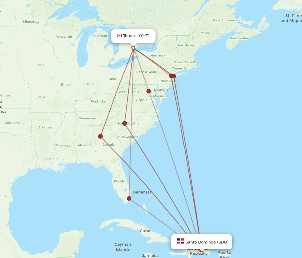 Toronto - Santo Domingo route map and flight paths