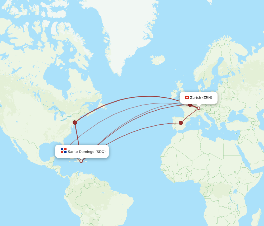 Zurich - Santo Domingo route map and flight paths