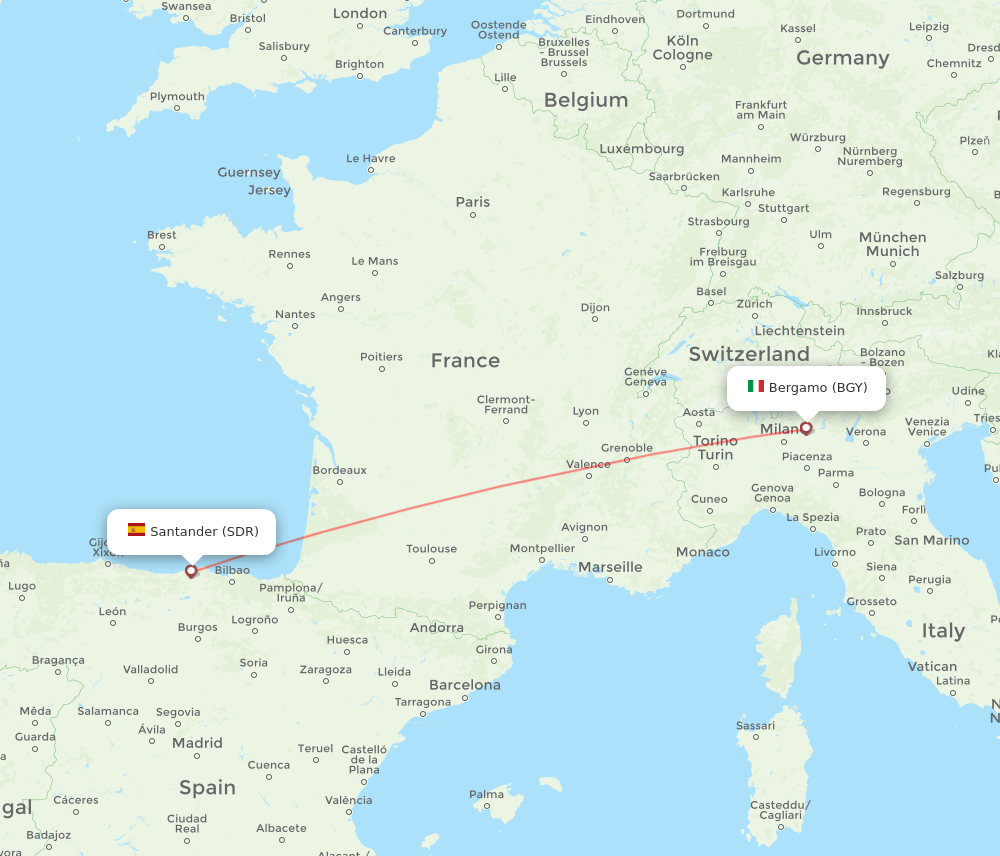 Santander - Milan route map and flight paths