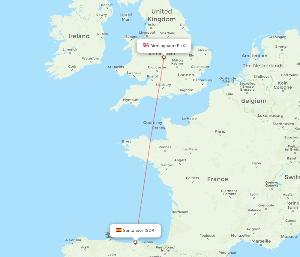 Santander - Birmingham route map and flight paths