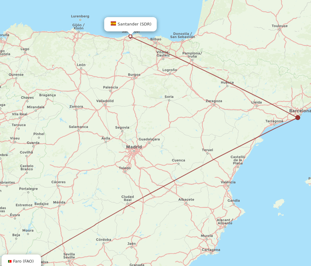 Faro - Santander route map and flight paths