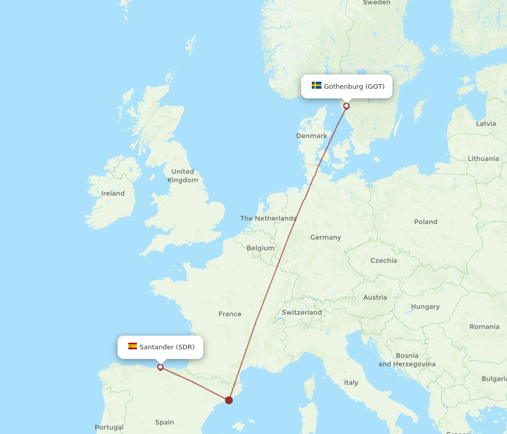 Santander - Gothenburg route map and flight paths