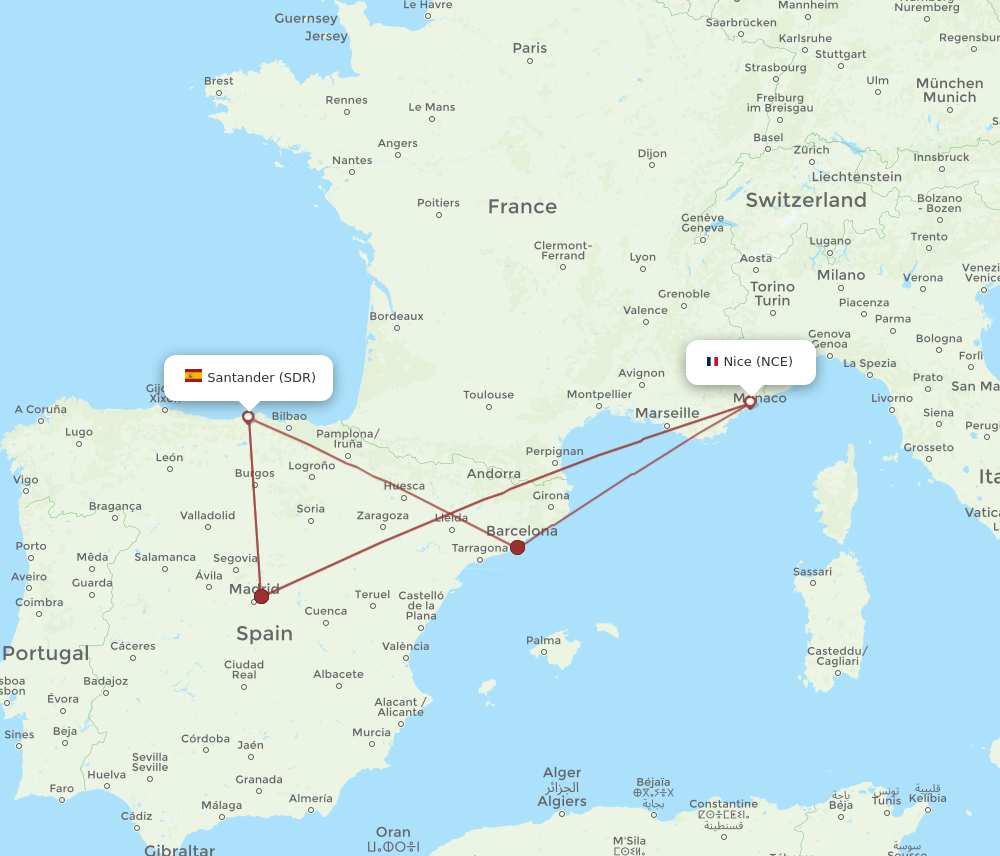 SDR to NCE flights and routes map