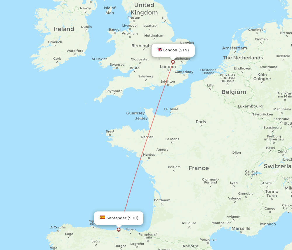 Santander - London route map and flight paths