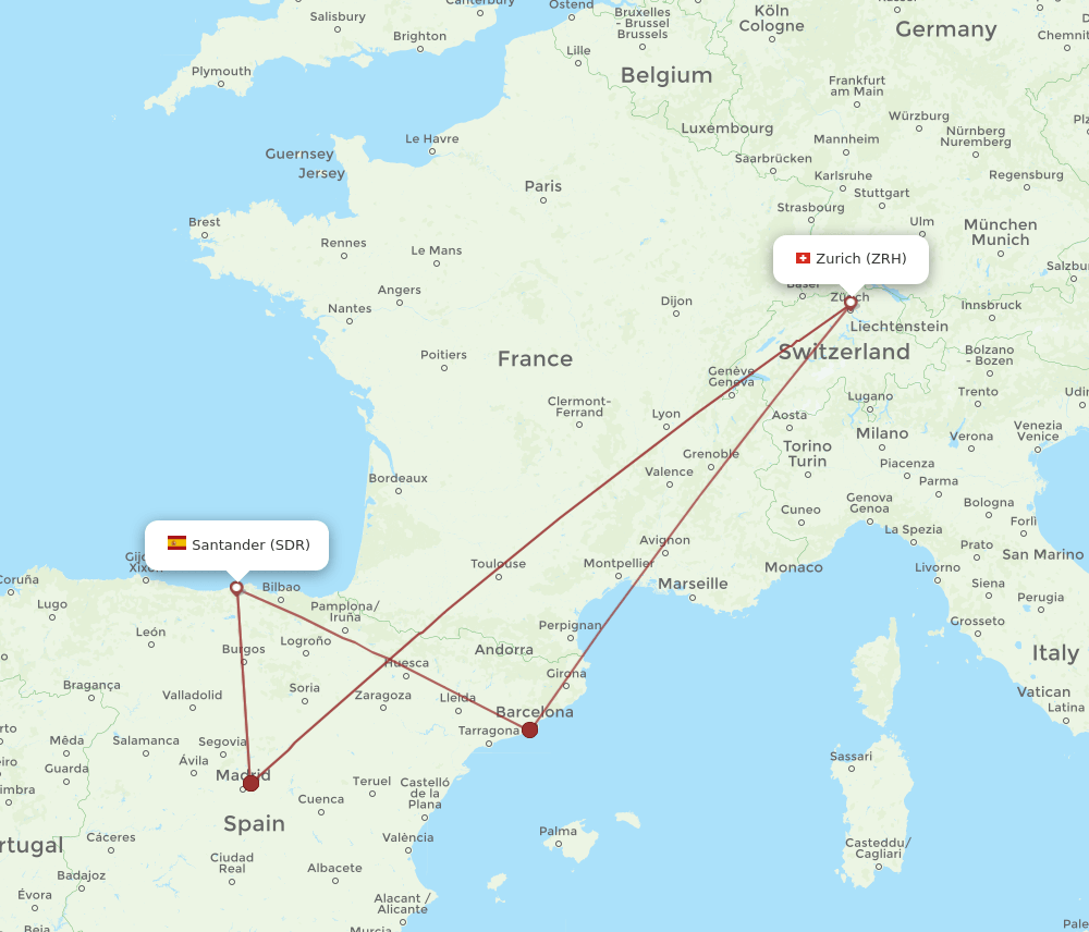 Zurich - Santander route map and flight paths
