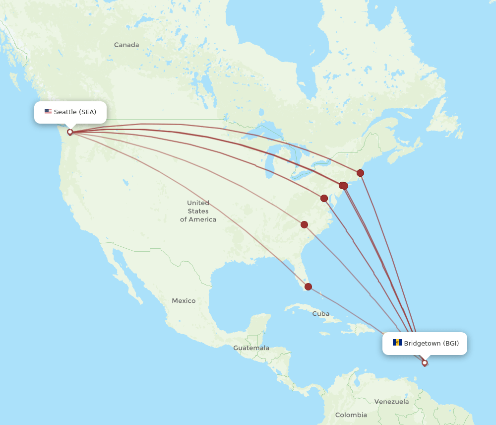 SEA to BGI flights and routes map