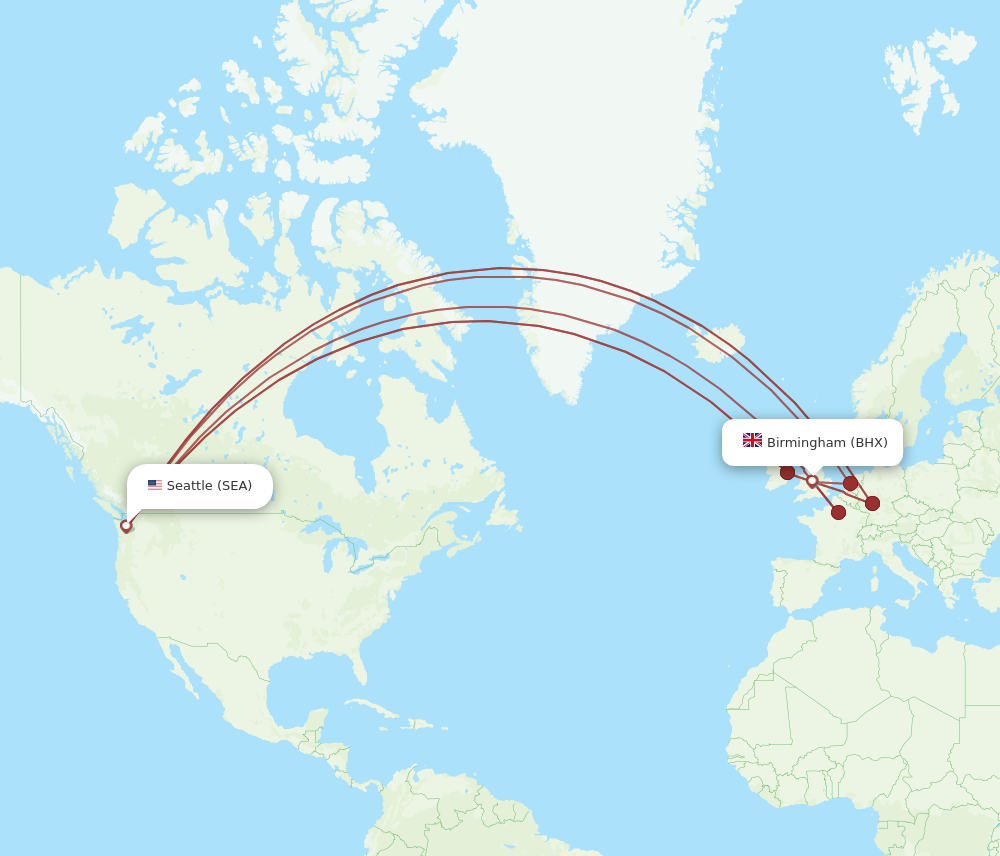 SEA to BHX flights and routes map