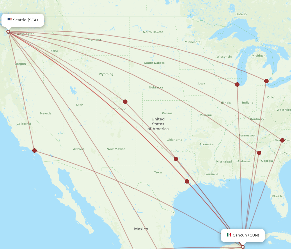 SEA to CUN flights and routes map